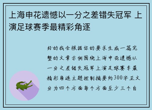 上海申花遗憾以一分之差错失冠军 上演足球赛季最精彩角逐 上海申花遗憾以一分之差错失冠军 上演足球赛季最精彩角逐