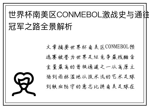 世界杯南美区CONMEBOL激战史与通往冠军之路全景解析 世界杯南美区CONMEBOL激战史与通往冠军之路全景解析